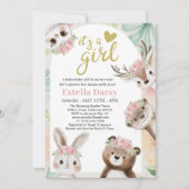 Woodland Boho Girl Babydusche mit rosa Blütendusch Einladung (Vorderseite)