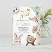 Woodland Boho Girl Babydusche mit rosa Blütendusch Einladung (Stehend Vorderseite)