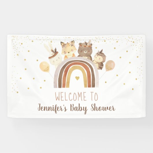Woodland Boho Rainbow Gold Baby Dusche Banner (Horizontal)