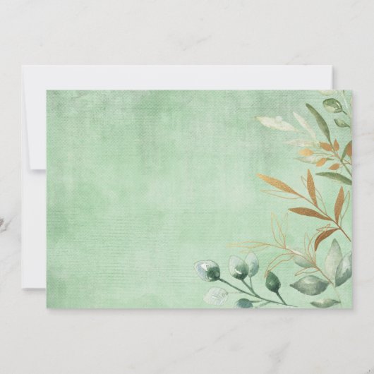 Woodland Boy Baby Dusche Aquarell Grüne Gold Einladung (Rückseite)