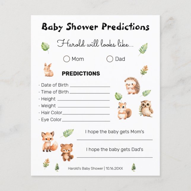 Woodland Boy Baby Shower Predictions Game (Vorderseite)