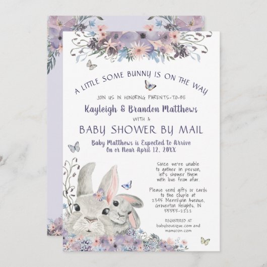 Woodland Bunny Floral Lila Baby Dusche per Post Einladung (Vorne/Hinten)