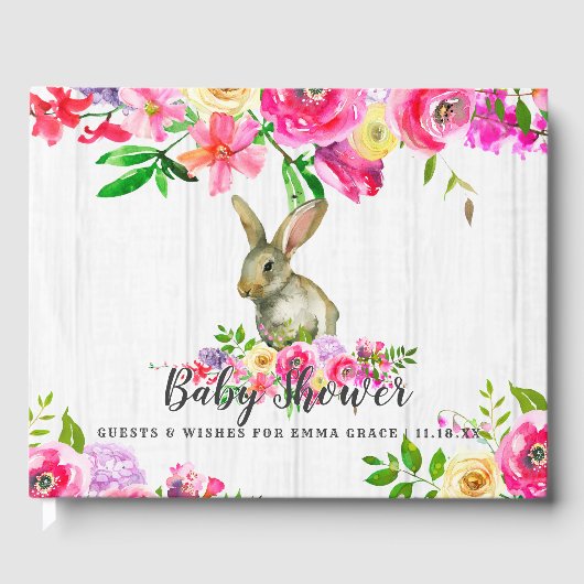 Woodland Bunny Rabbit Floral Baby Girl Dusche Gästebuch (Vorderseite)