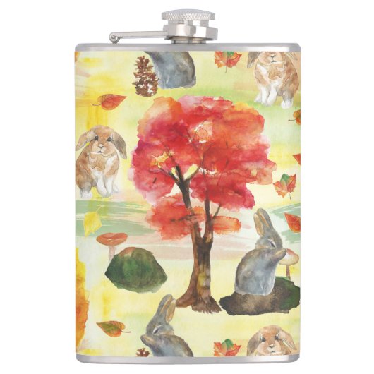 Woodland Bunny Rabbit Wasserfarbe Flachmann (Vorderseite)