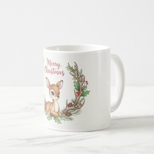 Woodland Christmas Deer Mug, Cute Holiday Fawn Cup Kaffeetasse (VorderseiteRechts)