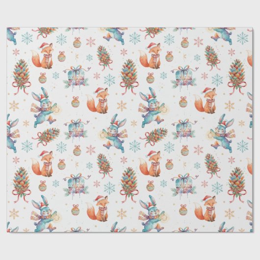 Woodland Christmas Fox, Bunny & Pinecone Pattern Geschenkpapier (Flach)