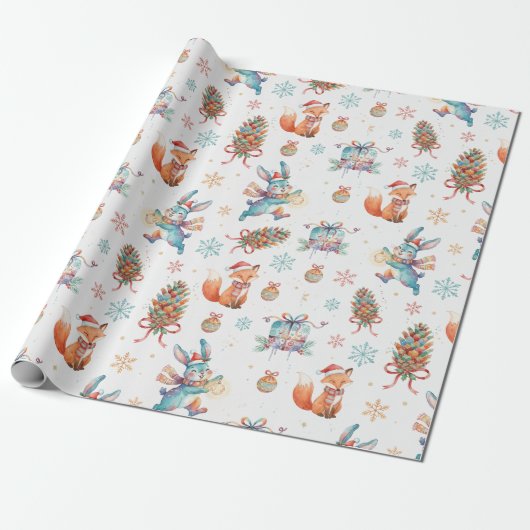 Woodland Christmas Fox, Bunny & Pinecone Pattern Geschenkpapier (Ungerollt)