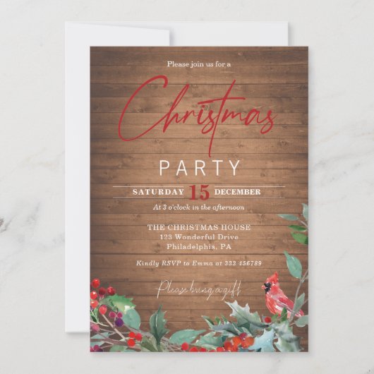 Woodland Christmas Party Red Cardinal Invitation Einladung (Vorderseite)