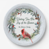 Woodland Christmas Wreath, Cardinal, Snowflakes Pappteller (Vorderseite)
