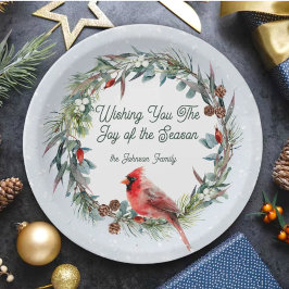 Woodland Christmas Wreath, Cardinal, Snowflakes Pappteller