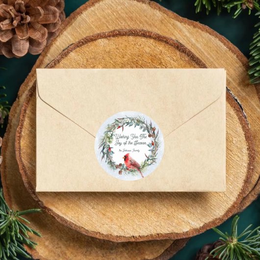 Woodland Christmas Wreath, Cardinal, Snowflakes Runder Aufkleber
