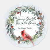 Woodland Christmas Wreath, Cardinal, Snowflakes Runder Aufkleber (Vorderseite)