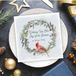 Woodland Christmas Wreath, Cardinal, Snowflakes Serviette