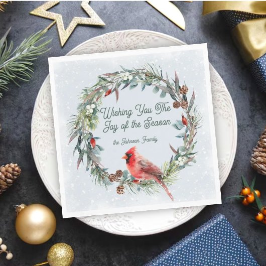 Woodland Christmas Wreath, Cardinal, Snowflakes Serviette