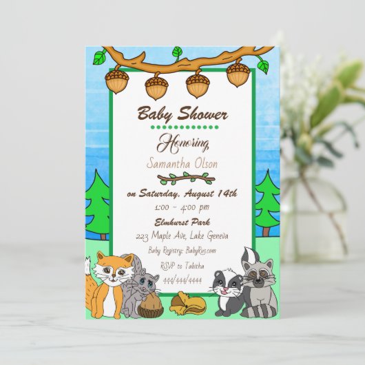 Woodland Creatures Forest Animals Baby Shower Einladung (Stehend Vorderseite)