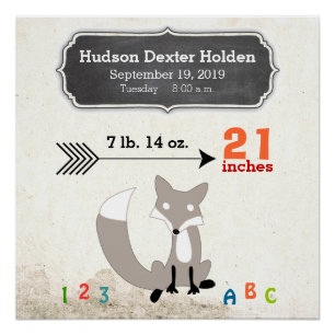 Woodland Creatures Fox Baby Stats Keepake halten Poster