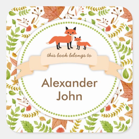Woodland Creatures Fox Book Teller / Herbstlaube Quadratischer Aufkleber (Vorderseite)