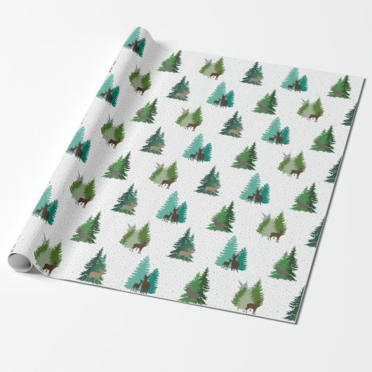 Woodland Deer and Pine Trees Pattern Geschenkpapier (Ungerollt)