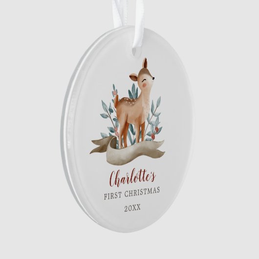 Woodland Deer Baby Girl Erstes Weihnachtsfest Foto Ornament (Vorderseite)
