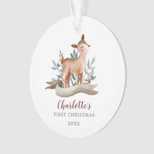 Woodland Deer Baby Girl Erstes Weihnachtsfest Foto Ornament (Vorderseite)