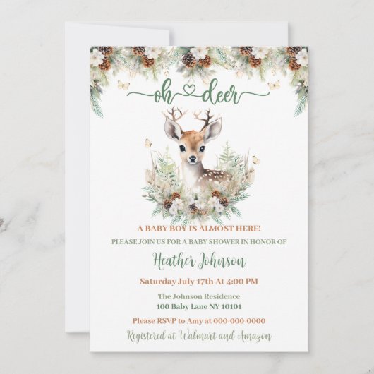 Woodland Deer Baby Shower Boy Einladung (Vorderseite)