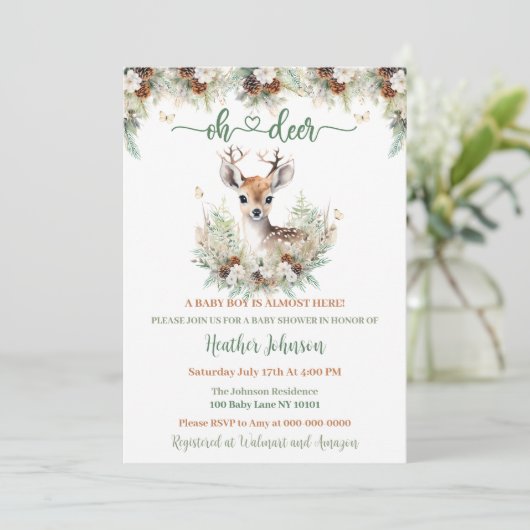 Woodland Deer Baby Shower Boy Einladung (Stehend Vorderseite)