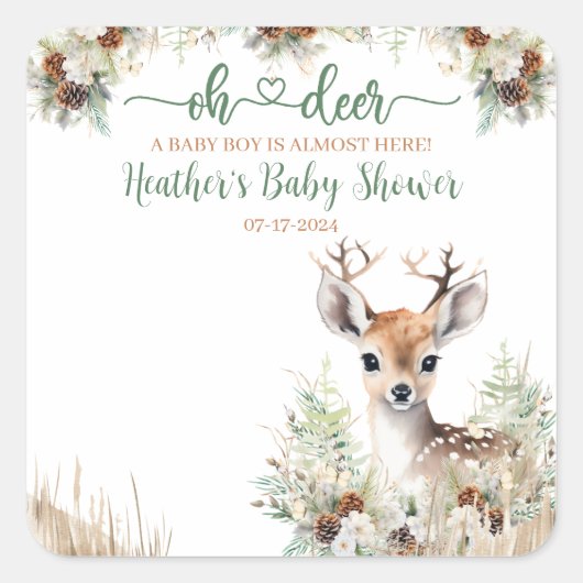 Woodland Deer Baby Shower Boy Quadratischer Aufkleber (Vorderseite)