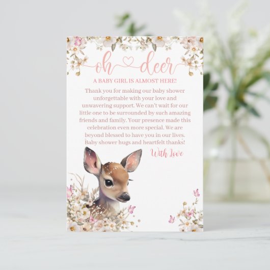 Woodland Deer Baby Shower Girl Dankeskarte (Stehend Vorderseite)