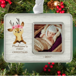 Woodland Deer Baby's 1. Weihnachts-Foto Ornament Rahmen-Ornament Silber