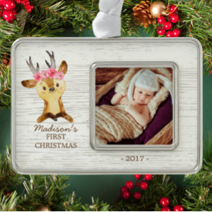 Woodland Deer Baby's 1. Weihnachts-Foto Ornament Rahmen-Ornament Silber