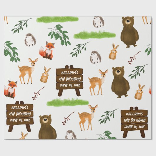 Woodland Deer Bear Rabbit Fox Hedgehog Birthday Geschenkpapier (Flach)