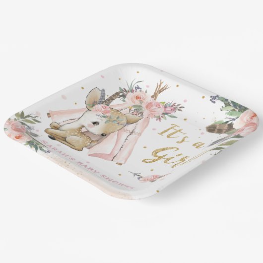 Woodland Deer Boho Tribal Girl Baby Dusche Pappteller (Gewinkelt)