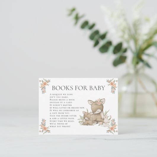 Woodland Deer Fawn Floral Girl Babydusche Bücher Begleitkarte (Stehend Vorderseite)