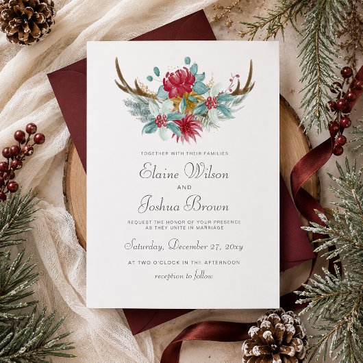 Woodland Deer Floral Antler Winter Wedding Einladung