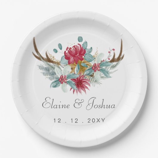 Woodland Deer Floral Antler Winter Wedding Pappteller (Vorderseite)