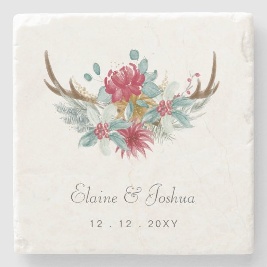 Woodland Deer Floral Antler Winter Wedding Steinuntersetzer (Vorderseite)