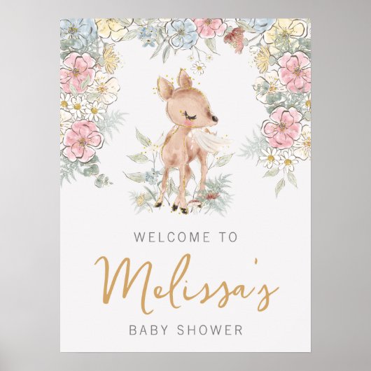 Woodland Deer Floral Baby Dusche Willkommen Poster (Vorne)