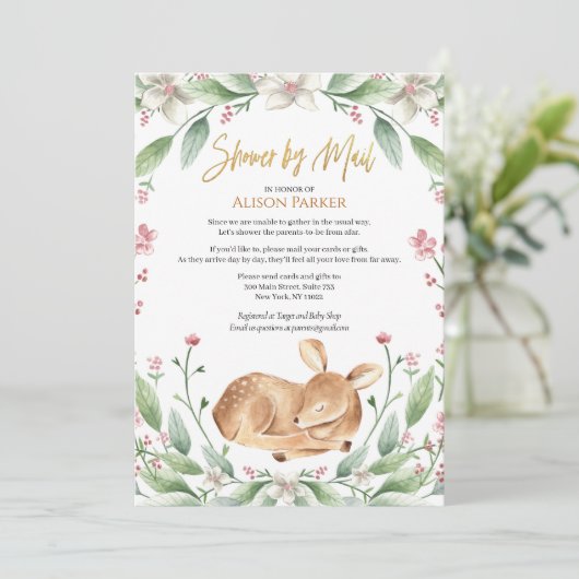 Woodland Deer Floral Greenerenery Baby Shower by M Einladung (Stehend Vorderseite)