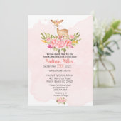 Woodland Deer Floral Pink Kinderdusche Einladung (Stehend Vorderseite)
