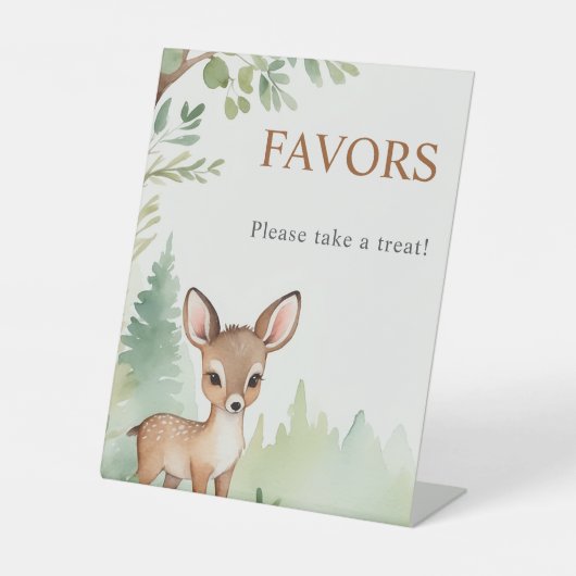 Woodland Deer Forest Neutral Baby Shower Favors Sockelschild (Vorderseite)