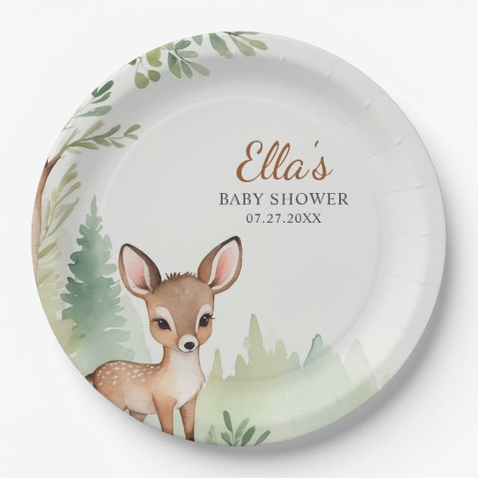 Woodland Deer Forest Neutral Baby Shower Party Pappteller (Vorderseite)