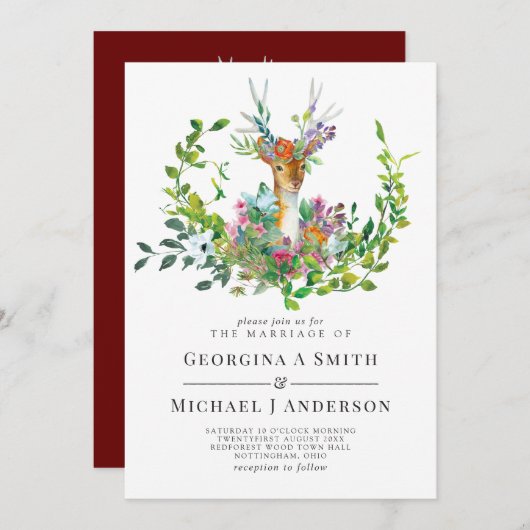 Woodland Deer Illustriert Burgundy Wedding Einladung (Vorne/Hinten)