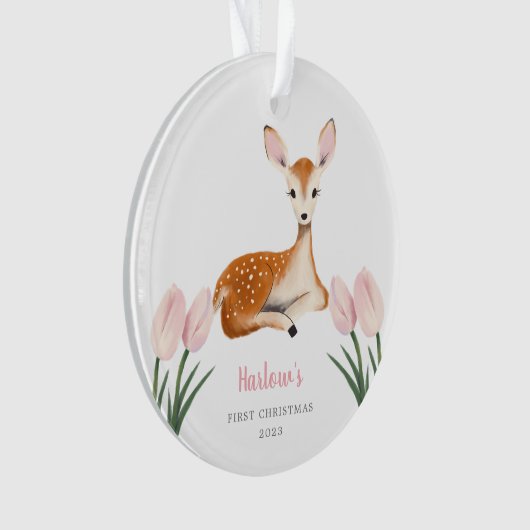 Woodland Deer Pink Baby's First Christmas Ornament (Vorderseite)