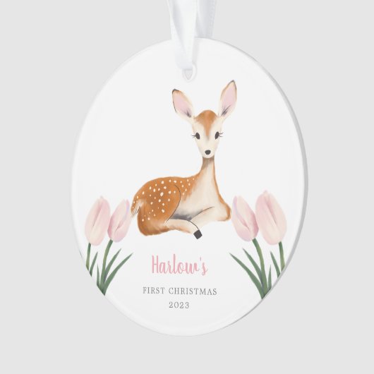 Woodland Deer Pink Baby's First Christmas Ornament (Vorderseite)