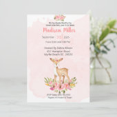 Woodland Deer Pink Floral Baby Dusche Einladung (Stehend Vorderseite)