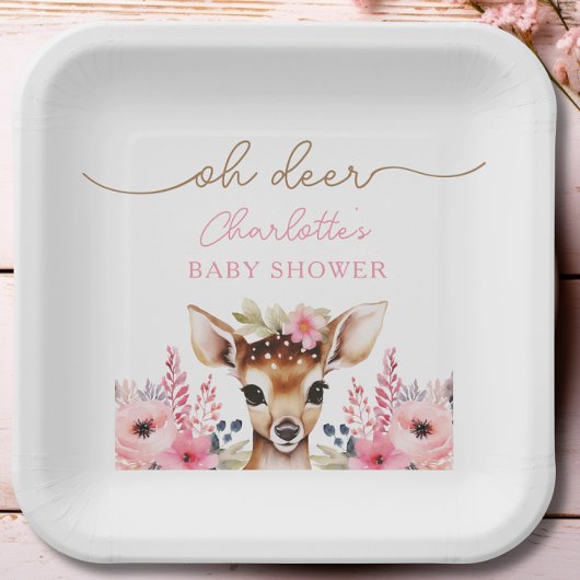 Woodland Deer Pink Floral Girl Baby Dusche Custom Pappteller