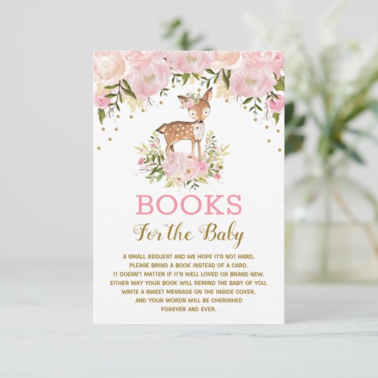 Woodland Deer Pink Gold Floral Books for Baby Begleitkarte (Stehend Vorderseite)