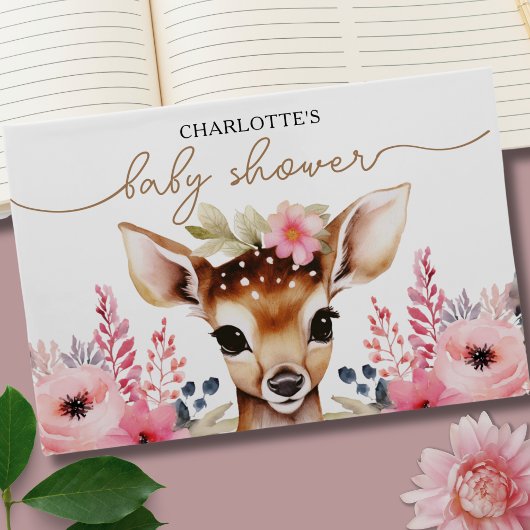 Woodland Deer Pink Gold Floral Girl Babydusche Gästebuch