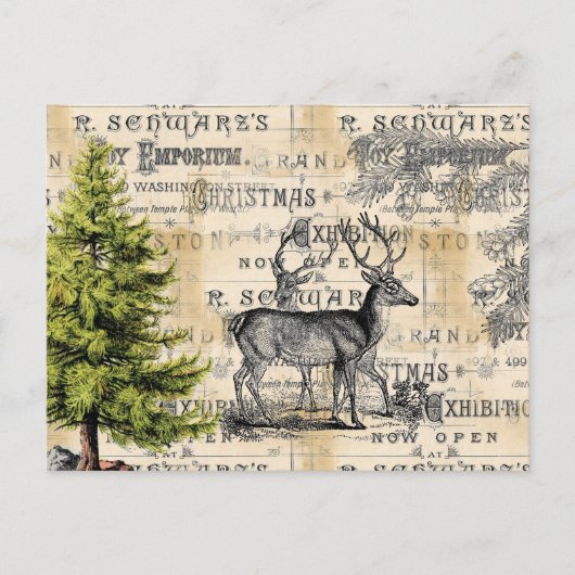 Woodland Deer Vintage Weihnachtskarte Postkarte (Vorderseite)