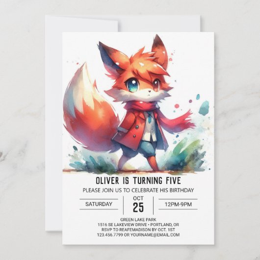 Woodland Editable Fox Birthday Einladung (Vorderseite)